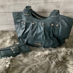 Nine West Large Teal Shoulder Bag with Matching Large Wallet